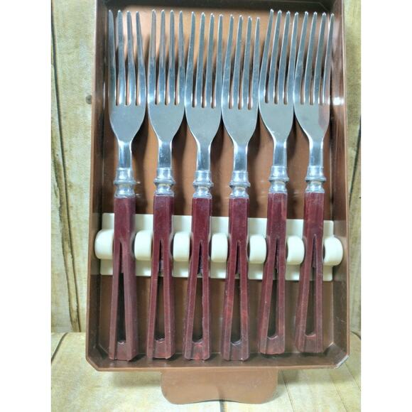VTG 50s Stanley Deluxe Steak Fork Set Of 6 w/Tray MCM - Picture 2 of 9